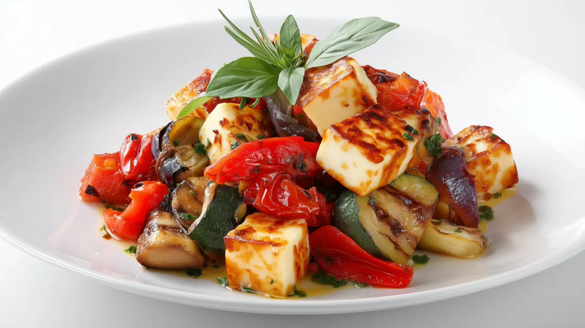 Mediterranes Ofengemüse mit Halloumi auf Teller