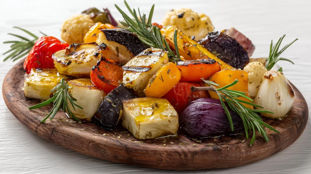 Mediterranes Ofengemüse mit Rosmarin auf Holzbrett