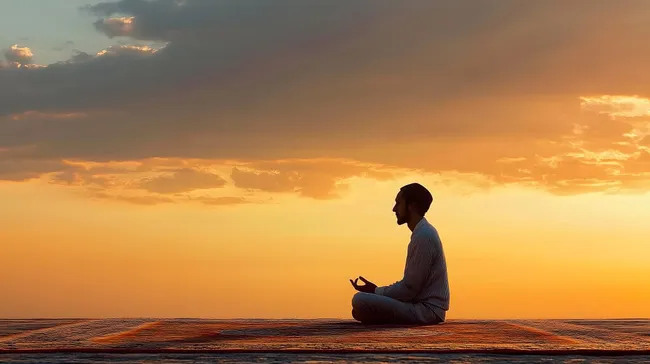 Meditierender Mann betrachtet Sonnenuntergang