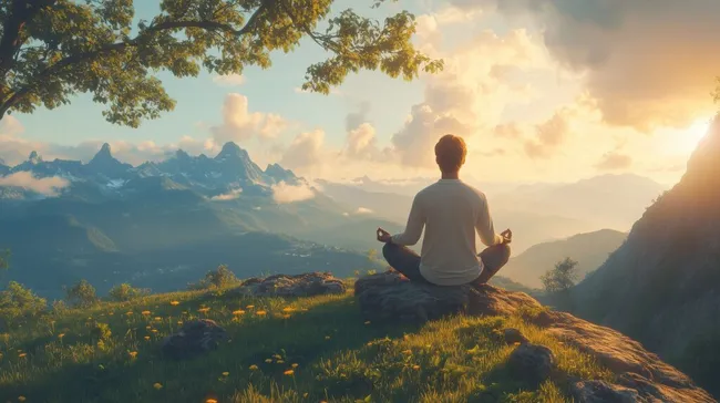 Meditierender Mann in alpiner Berglandschaft