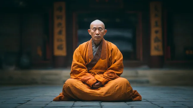 Meditirender Mönch in orange Gewändern vor altem Tempel
