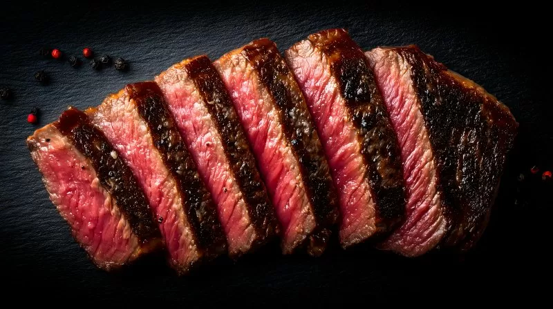 Medium Rare Steak in Streifen geschnitten auf dunklem Hintergrund