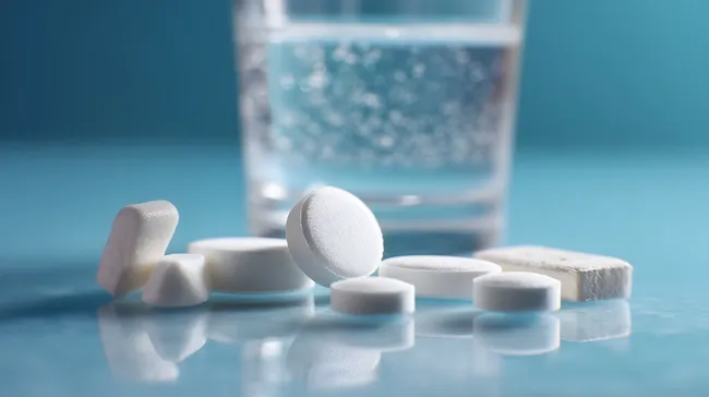 Medizinische Tabletten und Vitamine auf blauem Hintergrund