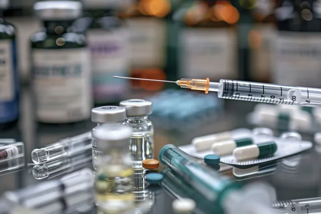 Medizinischer Arbeitsplatz mit Spritzen und Ampullen