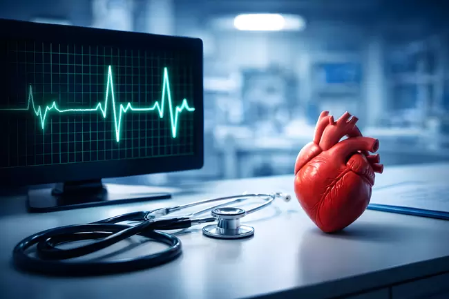 Medizinisches Konzept: Herz, EKG-Überwachung und Stethoskop