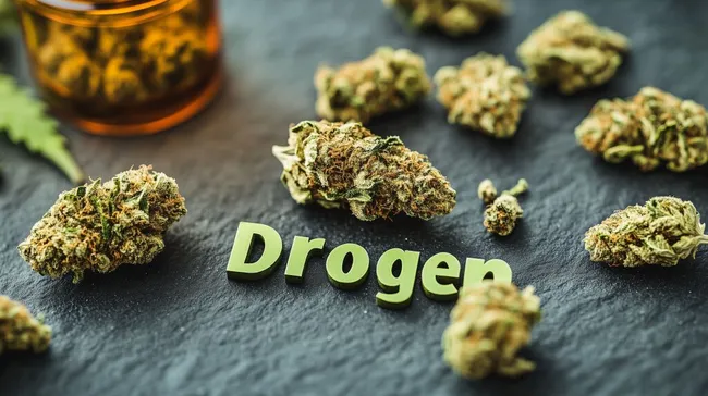 Medizinisches Marihuana: Cannabisknospen und Drogen-Schriftzug