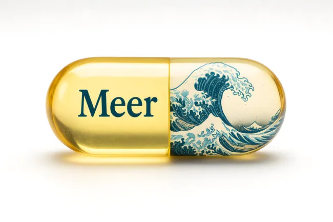 Medizinisches Nahrungsergänzungsmittel in Kapselform mit Meereswellen-Motiv