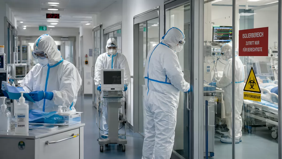 Medizinisches Personal in Schutzanzügen auf Isolierstation