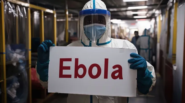 Medizinisches Personal in Schutzausrüstung warnt vor Ebola