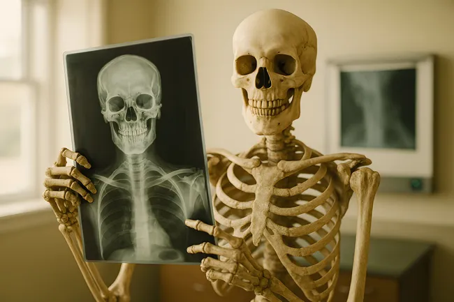 Medizinisches Skelett hält Röntgenbild des eigenen Schädels