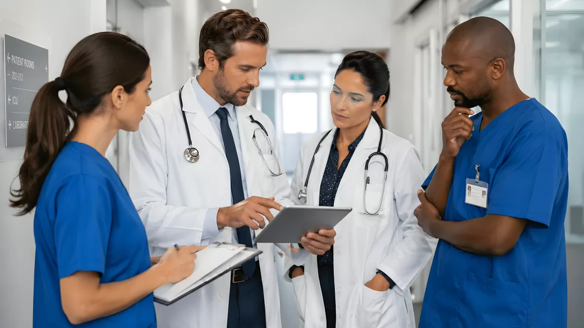Medizinisches Team diskutiert Akte im Flur