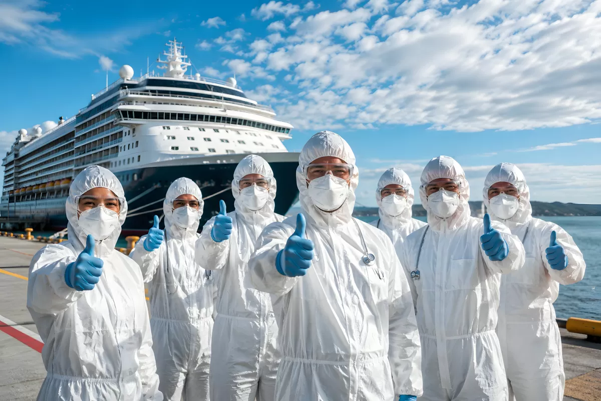 Medizinisches Team in Schutzanzügen vor Kreuzfahrtschiff