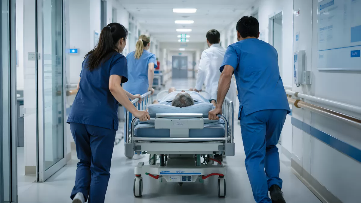 Medizinisches Team transportiert Patienten durch Krankenhausflur