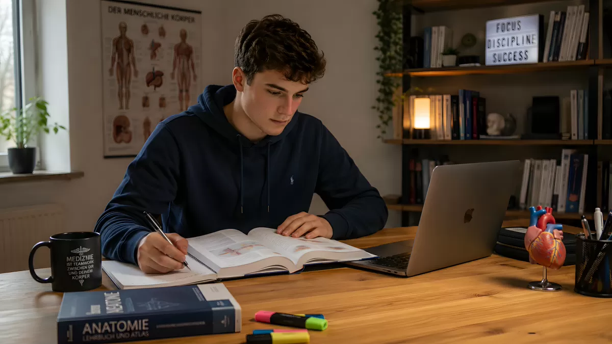 Medizinstudent lernt Anatomie am Schreibtisch