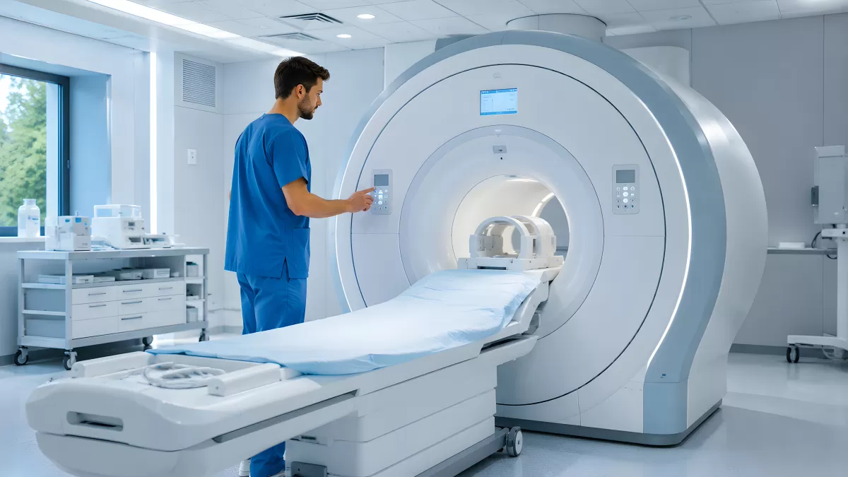 Medizintechniker bedient modernen MRT-Scanner in Klinik