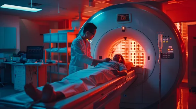 Medizintechniker bei Einstellung eines MRT-Scanners im Krankenhaus