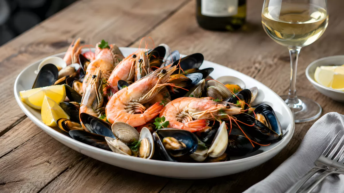 Meeresfrüchte-Platte mit Garnelen, Muscheln und Weißwein