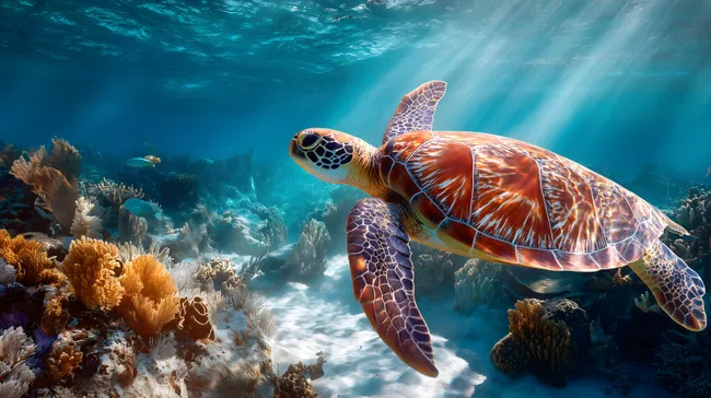 Meeresschildkröte schwimmt durch buntes Korallenriff