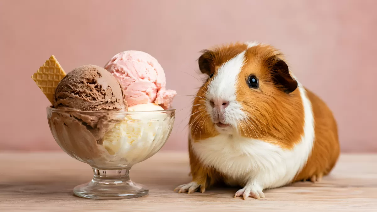 Meerschweinchen schaut neugierig auf Eisbecher
