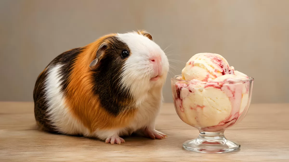 Meerschweinchen schnuppert an Eisbecher mit Fruchteis