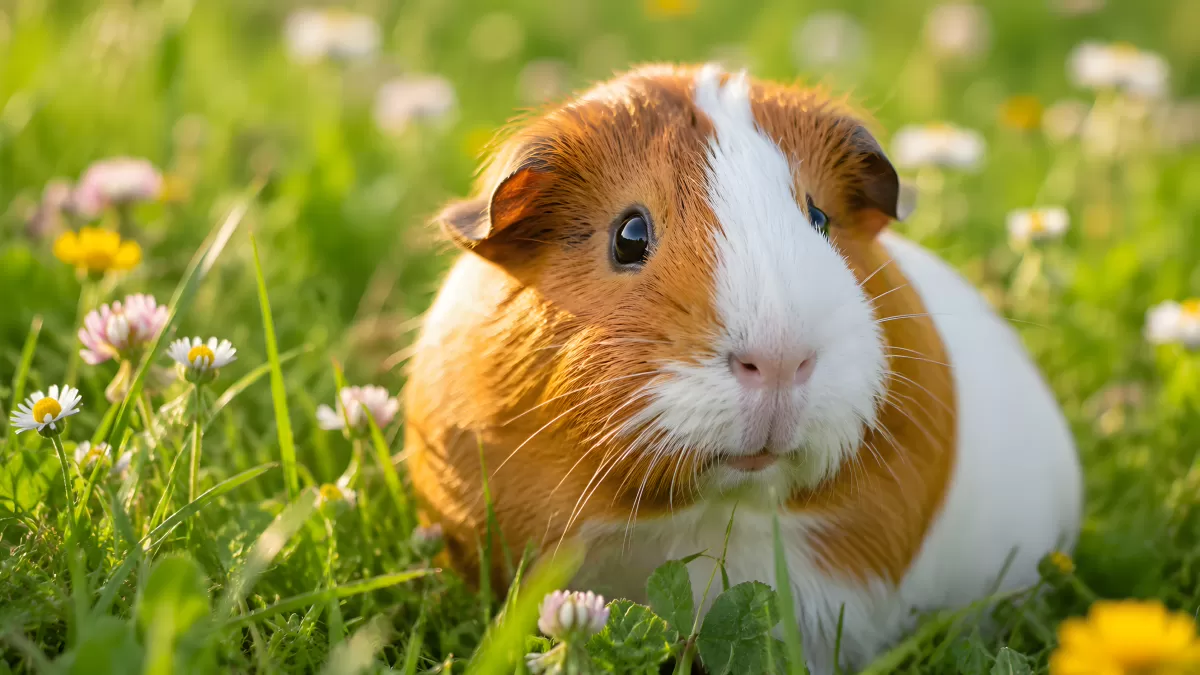 Meerschweinchen sitzt zwischen Gänseblümchen auf Wiese