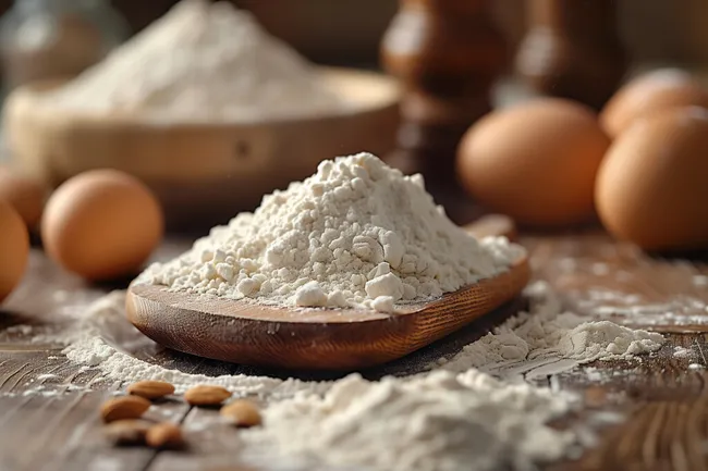 Mehl und Backzutaten auf Holztisch