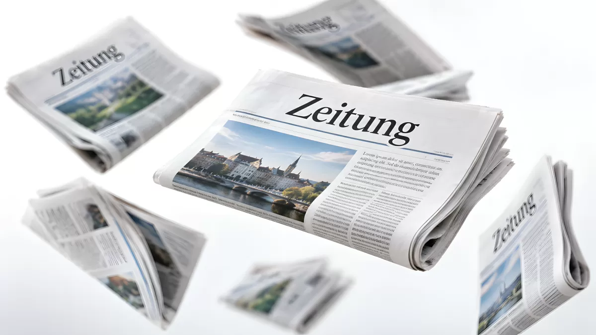 Mehrere fliegende Zeitungen schweben vor weißem Hintergrund