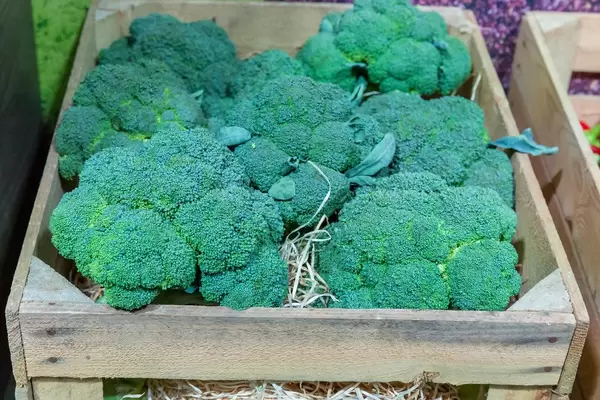 Mehrere frische Brokkoli in einer Holzkiste / Weinkiste am Miele Messestand mit BioFresh-Kühlschrank