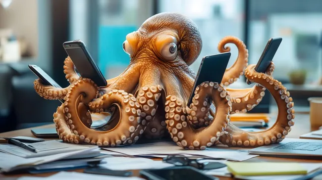 Mehrere Smartphones in Tentakeln eines Tintenfischs