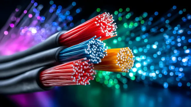 Mehrfarbige Glasfaserkabel mit Lichtreflexen