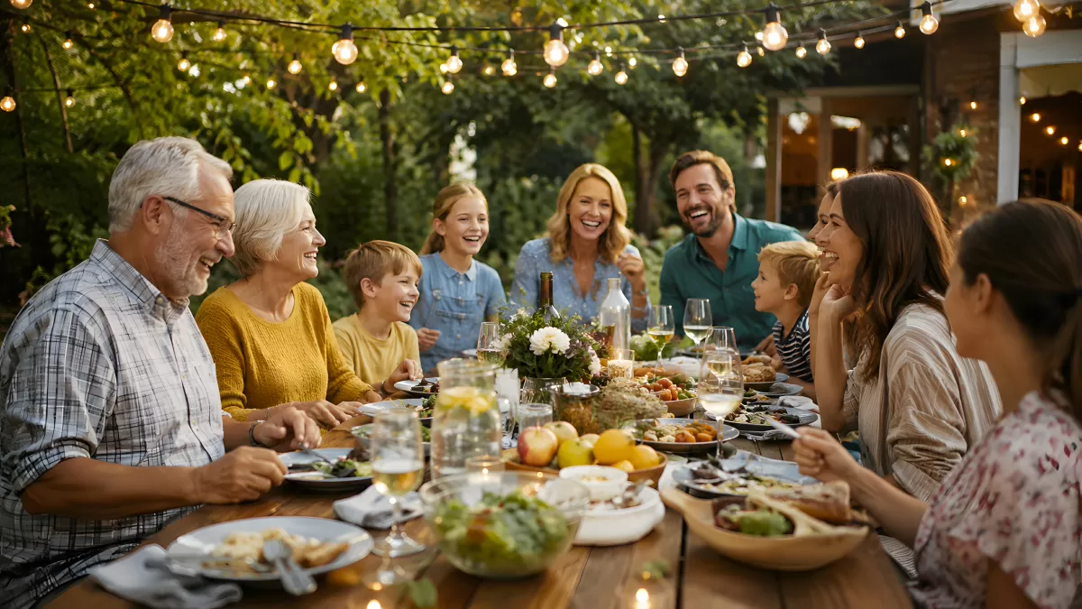 Mehrgenerationenfamilie beim fröhlichen Gartenessen