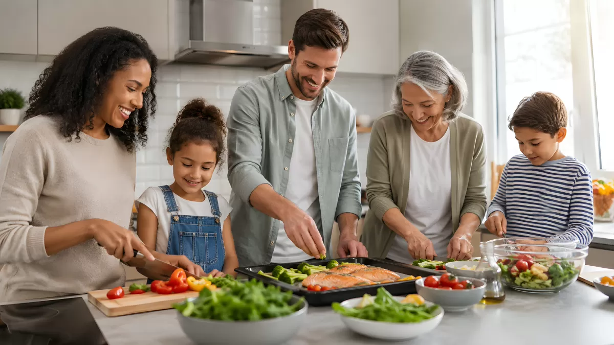 Mehrgenerationenfamilie kocht gemeinsam in heller Küche