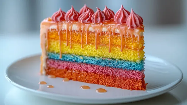 Mehrschichtige Regenbogentorte mit rosa Zuckerguss