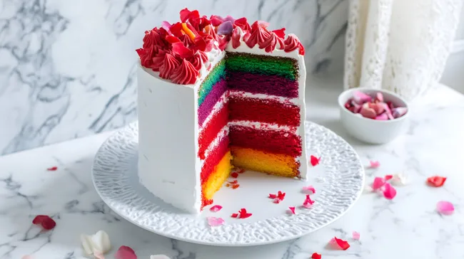 Mehrschichtige Regenbogentorte mit Sahne-Topping