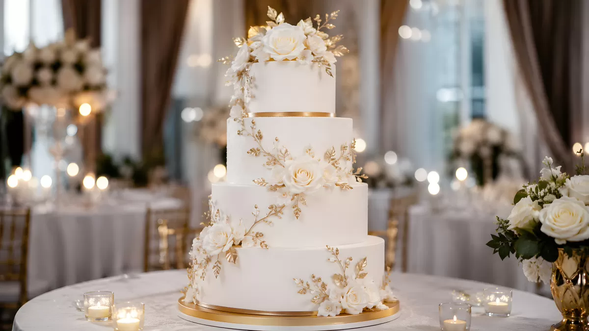Mehrstöckige Hochzeitstorte mit weißen Rosen und Gold