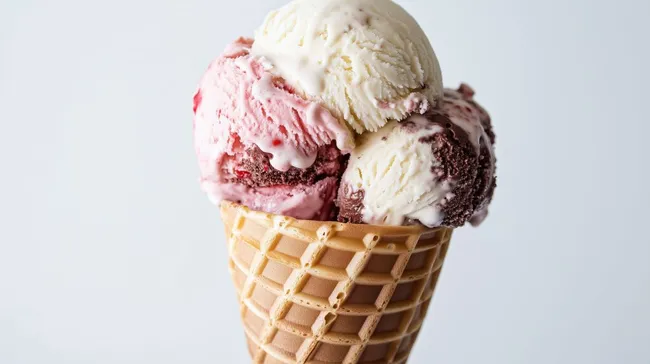 Mehrteiliges Eiswaffel-Dessert mit bunten Scoops