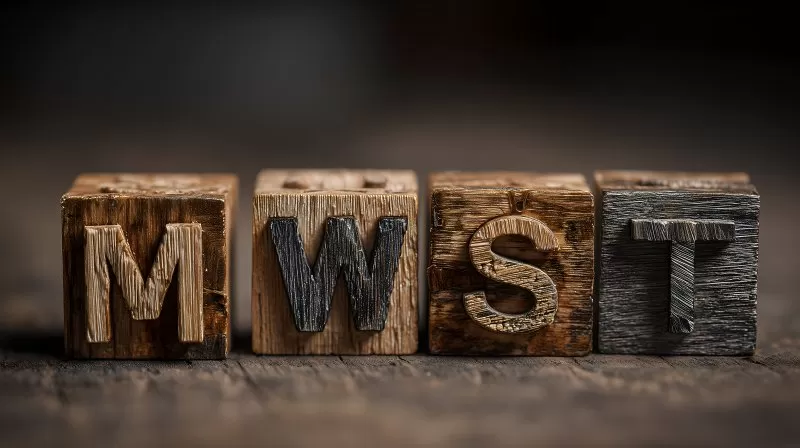 Mehrwertsteuer Kürzel MWST aus Holz auf dunklem Hintergrund