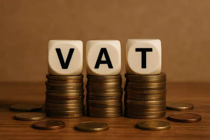 Mehrwertsteuer Symbol mit Würfeln und Münzen