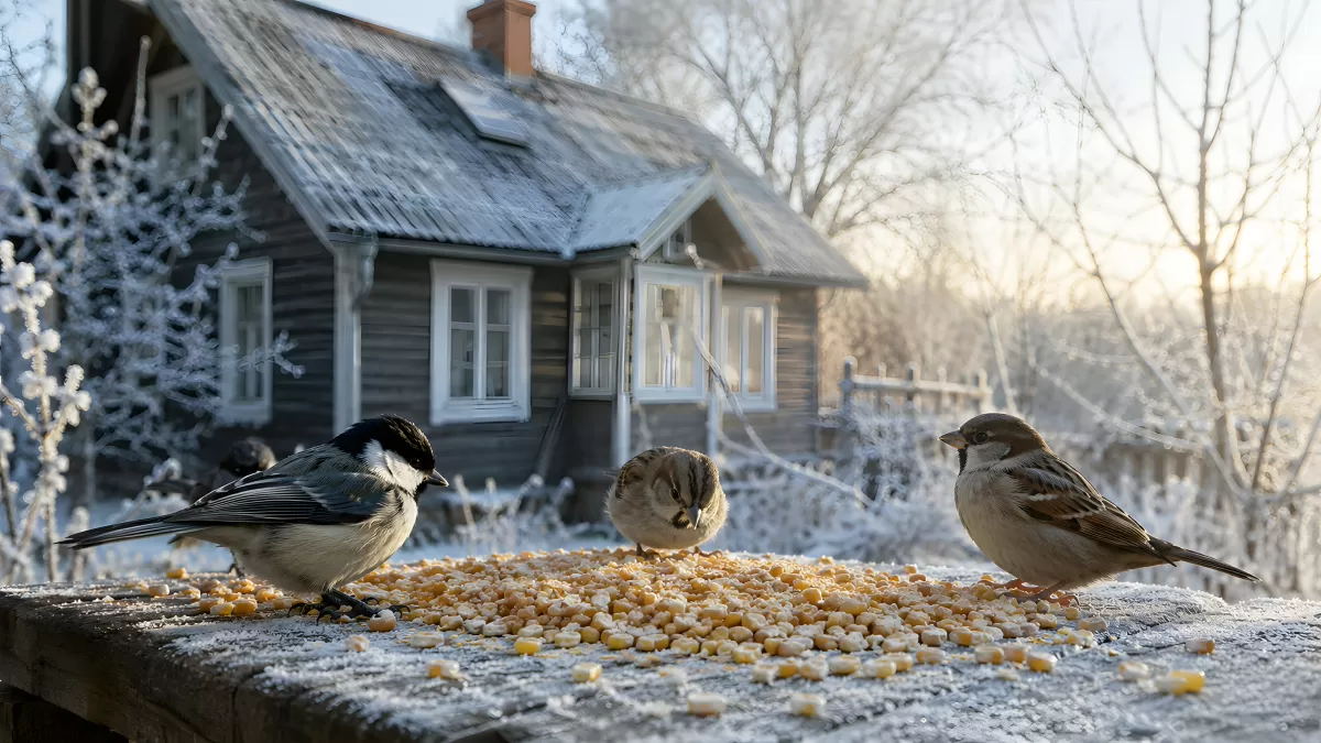 Meise und Spatzen fressen Körner im Wintergarten