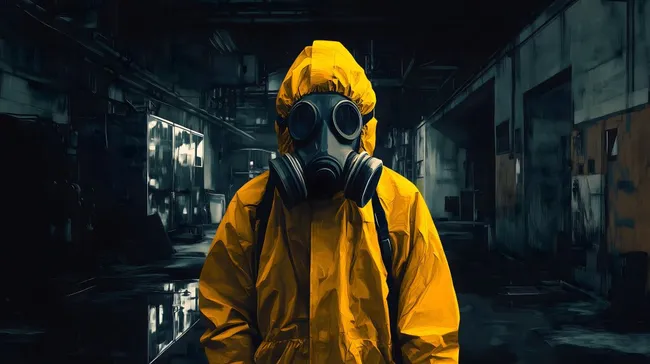 Mensch in gelbem Schutzanzug vor verlassenem Industriegebäude