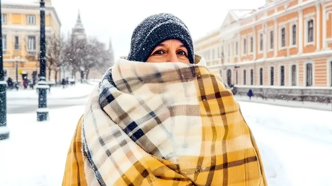 Mensch in Winterkleidung bei Schneefall in der Stadt
