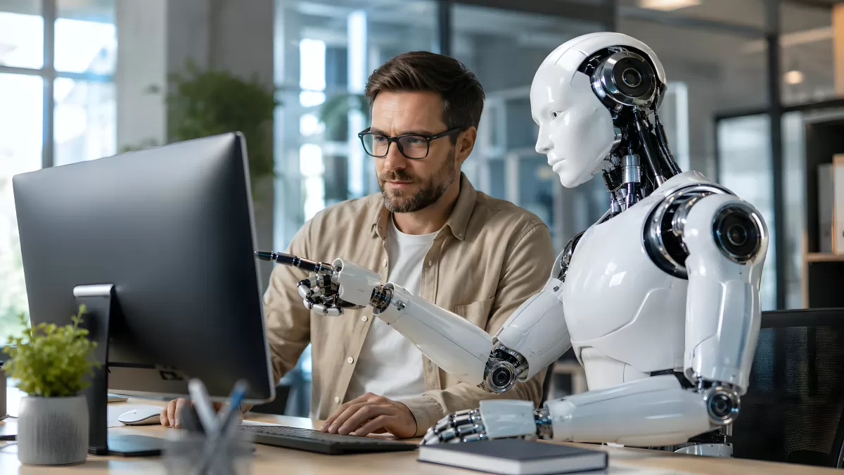 Mensch und Roboter arbeiten gemeinsam am Computer
