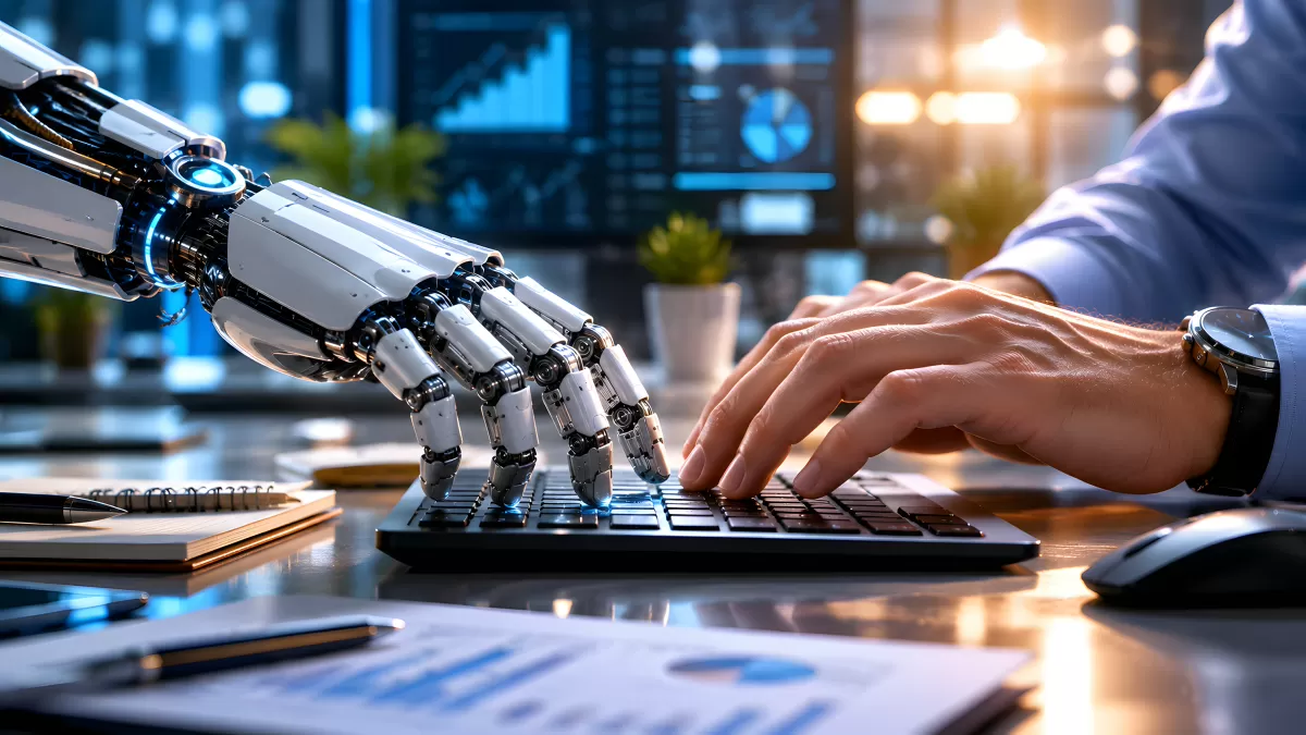 Mensch und Roboterhand tippen gemeinsam auf Tastatur
