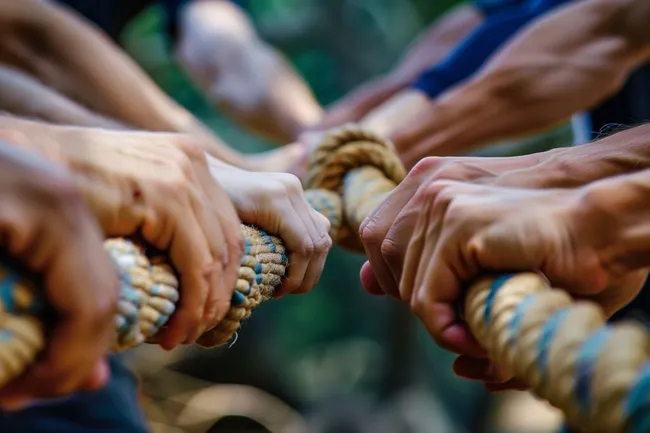 Menschen bei einem Teambildungsübung mit Seil