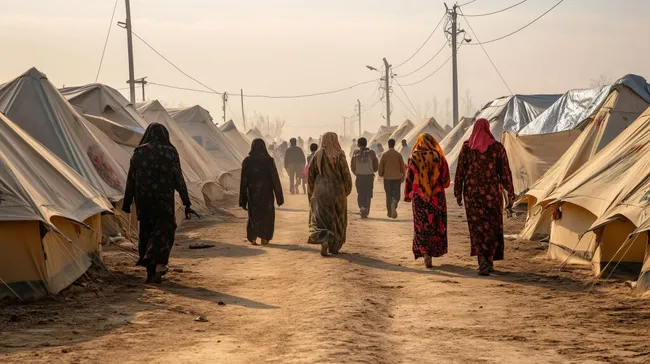 Menschen durchqueren Flüchtlingslager mit Zelten