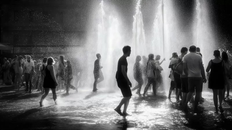 Menschen kühlen sich an Brunnen während Hitzewelle ab