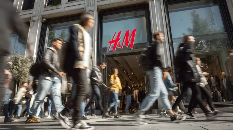 Menschen laufen an H&M Filiale in Einkaufsstraße vorbei