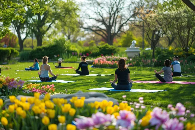 Menschen machen Yoga im idyllischen Stadtpark