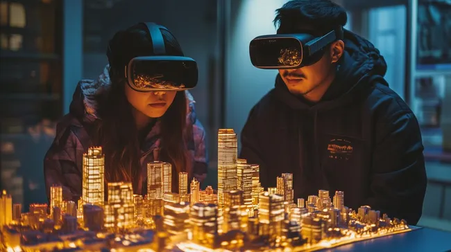 Menschen mit VR-Brillen betrachten virtuelle Stadtlandschaft