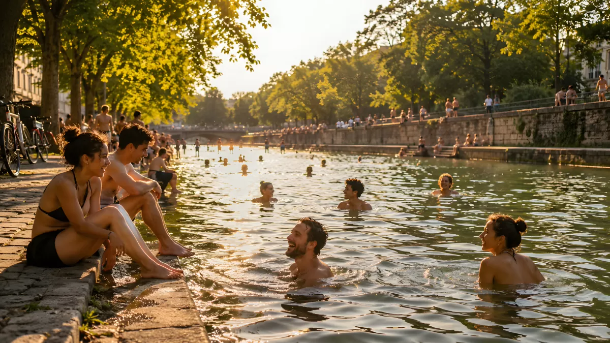 Menschen schwimmen im Stadtkanal an einem Sommertag